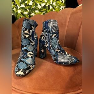 Anika Block Heel Bootie, blue snake print. US size 9